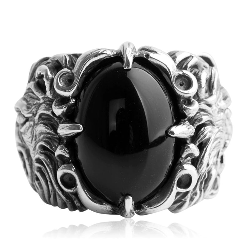 Lion Head Black Onyx 4-Prong Silver Men's Statement Ring