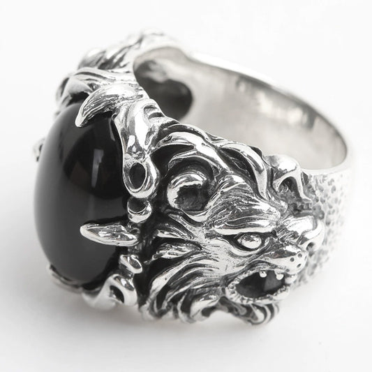Lion Head Black Onyx 4-Prong Silver Men's Statement Ring