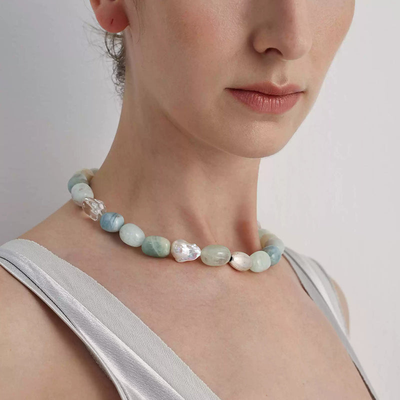 Ethereal Blue Aquamarine Baroque Pearl Choker