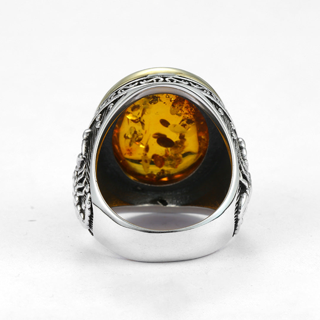 Scorpion Carved Amber Silver Men's Statement Ring