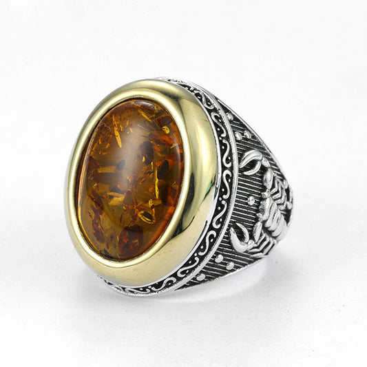 Scorpion Carved Amber Silver Men's Statement Ring