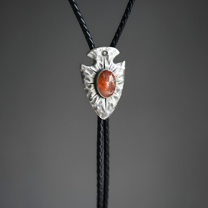 Unique Silver Bolo Tie Inlay with Natural Sunstone