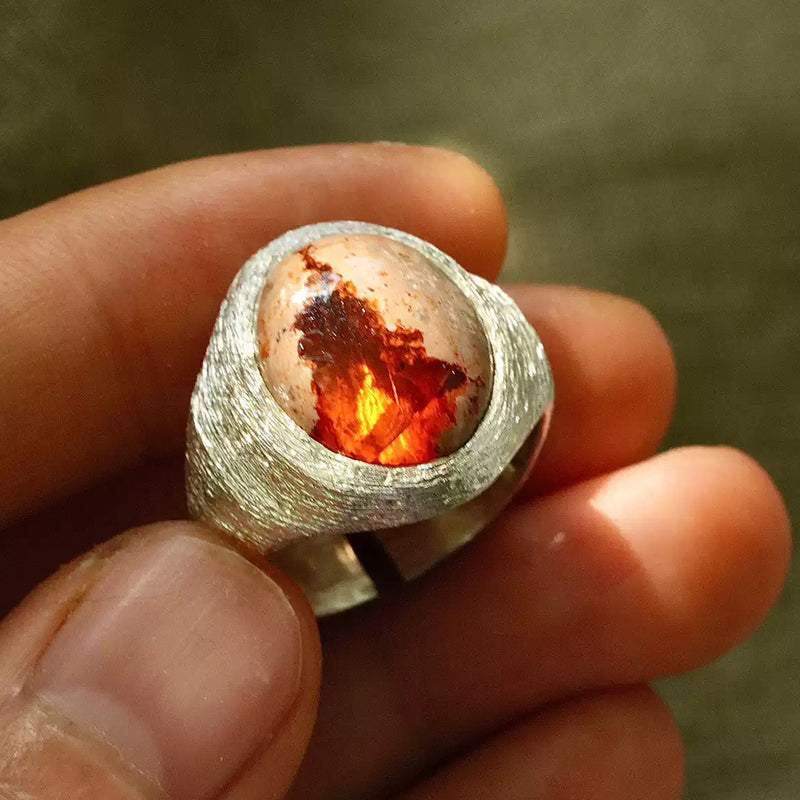 Mexican Fire Opal Silver Brushed Ring