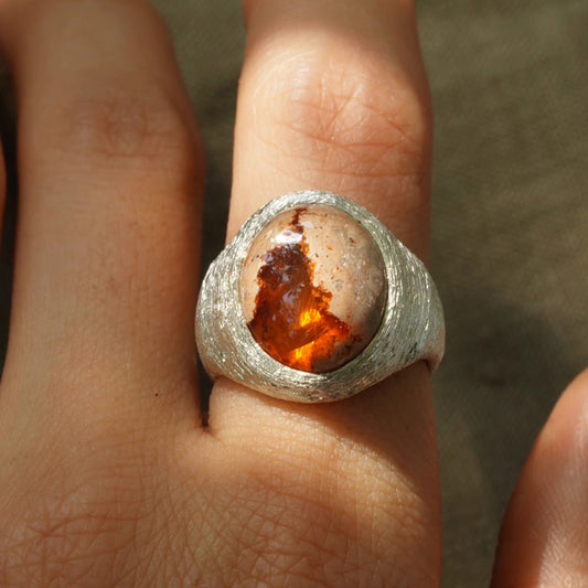 Mexican Fire Opal Silver Brushed Ring