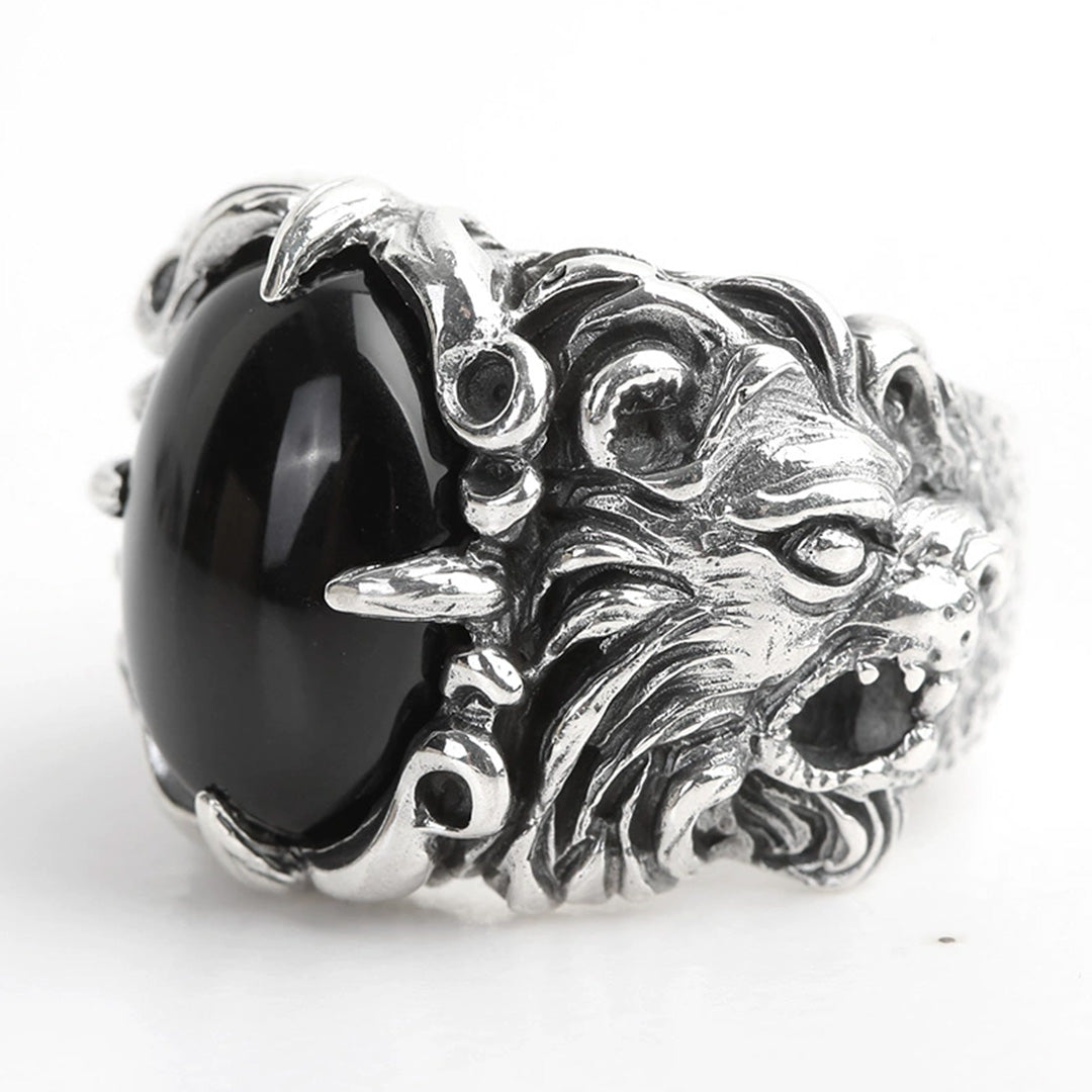 Lion Head Black Onyx 4-Prong Silver Men's Statement Ring