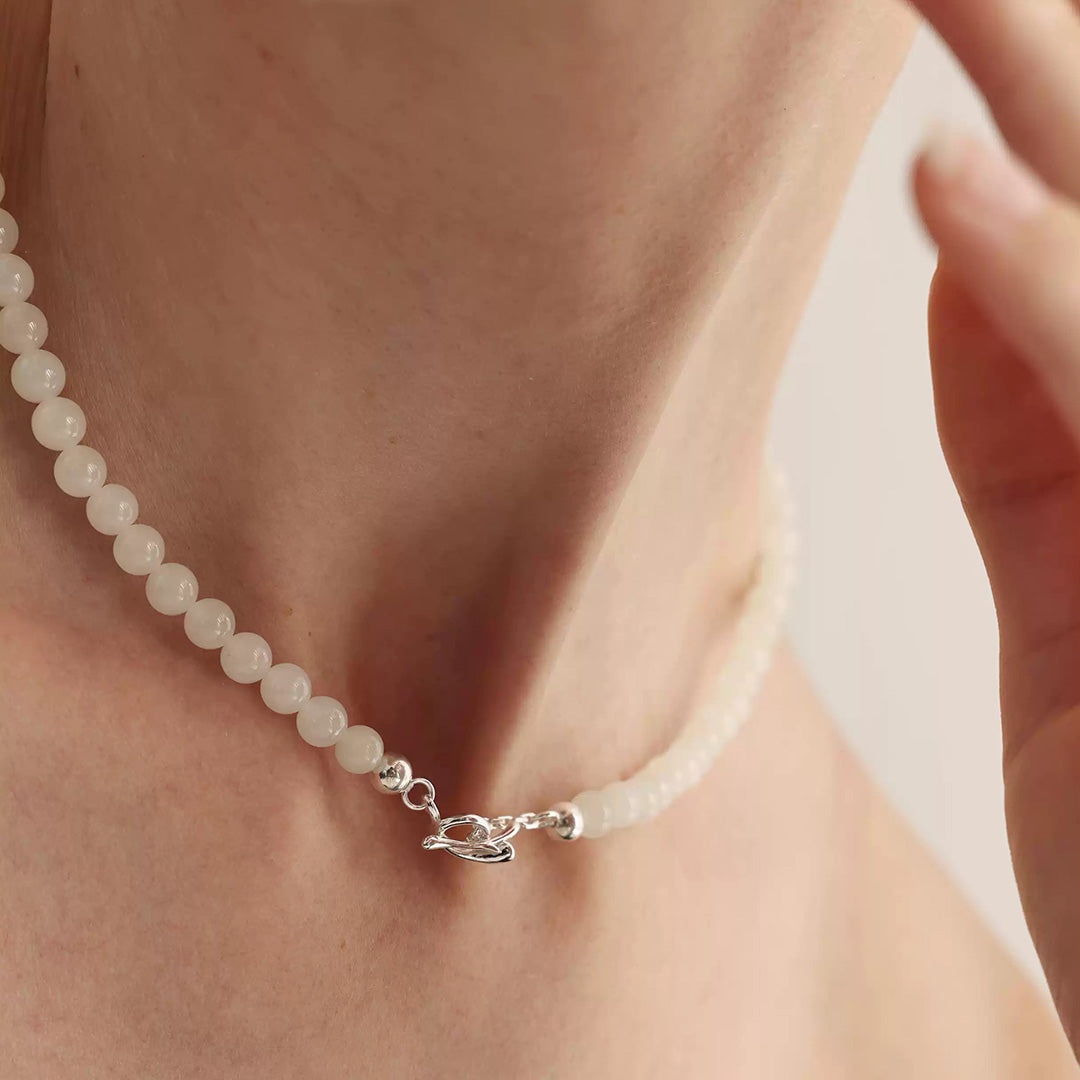 Lustrous Round White Jade 925 Silver Delicate Chain