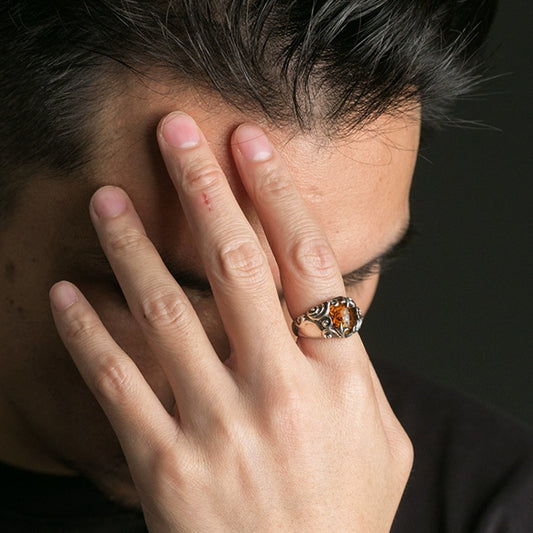 Floral Carved Amber 925 Sterling Silver Ring