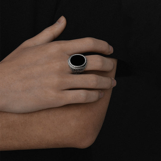 Natural Black Agate Silver Bold Ring for Men
