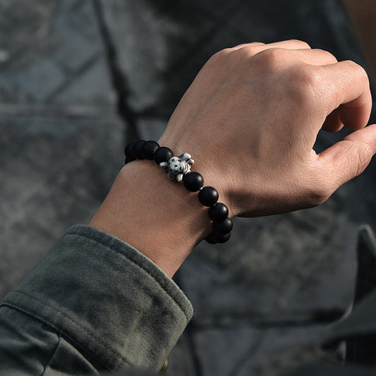 Tibetan Leopard Panther Obsidian Silver Men's Bracelet