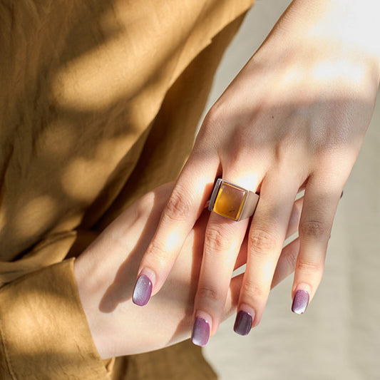 Immortal Treasure Fossil Amber Chunky Square Ring