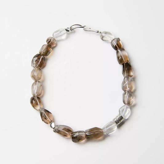 Smoky Quartz and Clear Quartz 925 Silver Beaded Necklace