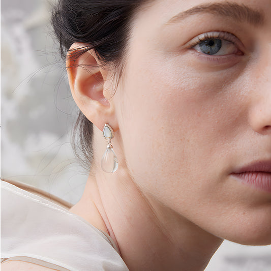 18K White Plated Sterling Silver Clear Quartz Drop Earrings