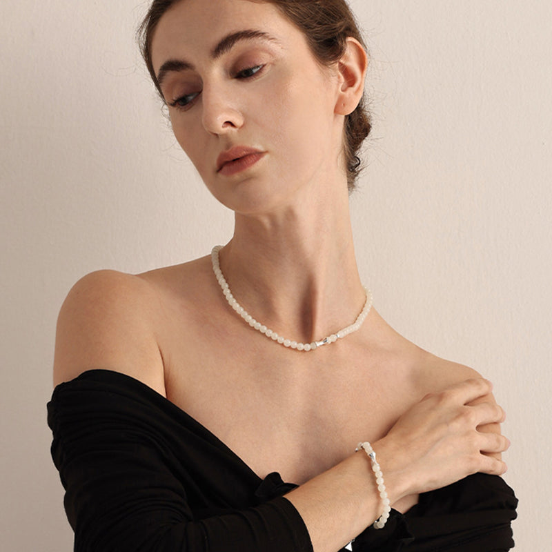 Lustrous Round White Jade 925 Silver Delicate Chain