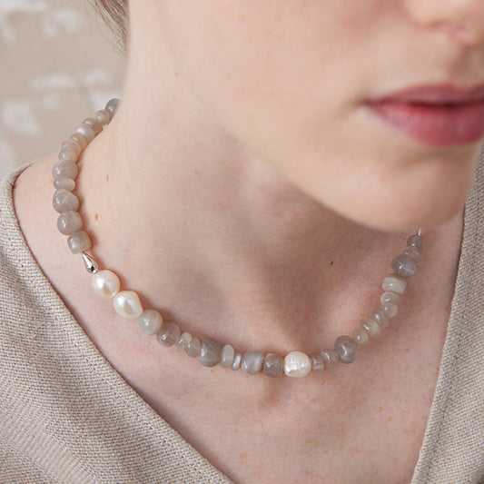 Moonlit Jade & Moonstone Beaded Pearl Necklace