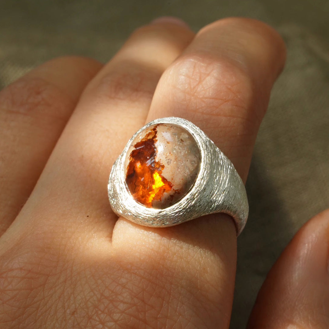 Mexican Fire Opal Silver Brushed Ring