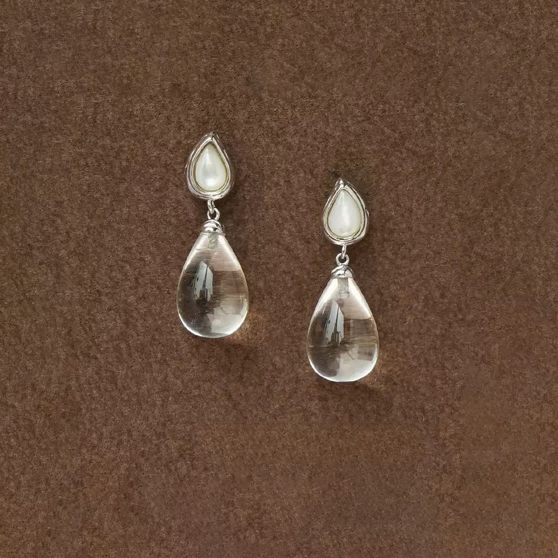 18K White Plated Sterling Silver Clear Quartz Drop Earrings