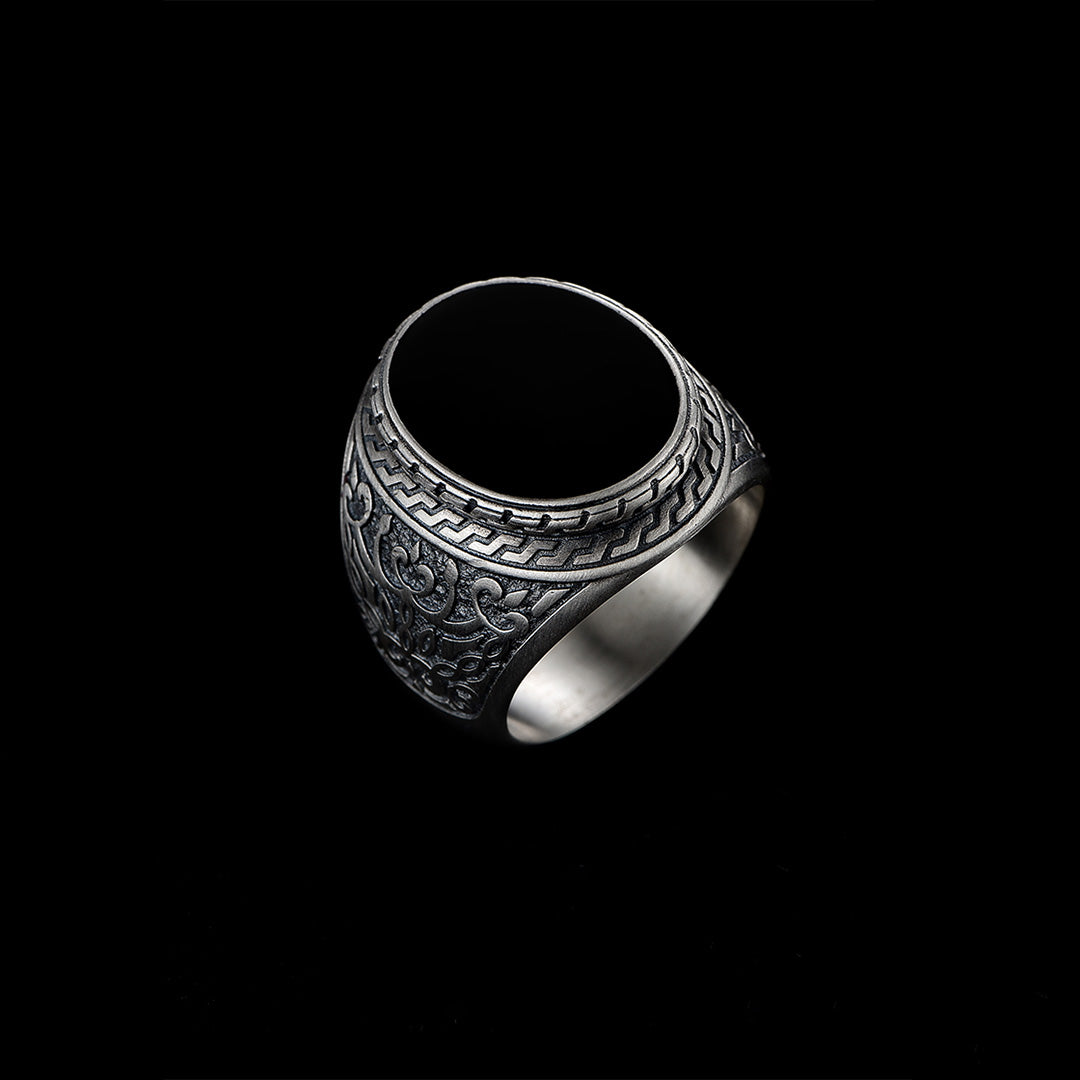 Natural Black Agate Silver Bold Ring for Men