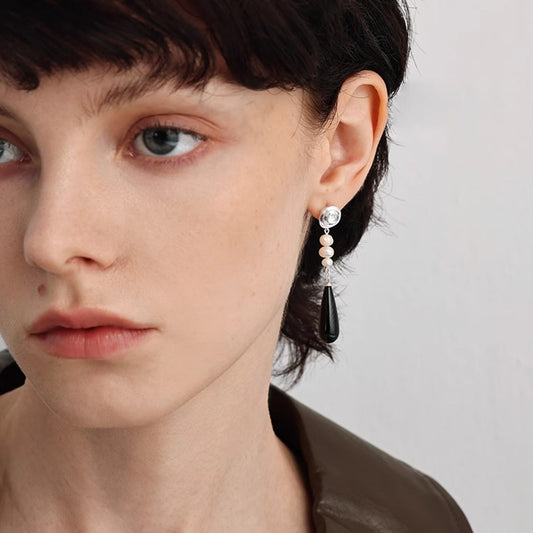 Black Onyx Teardrop Pearl 925 Silver Earrings