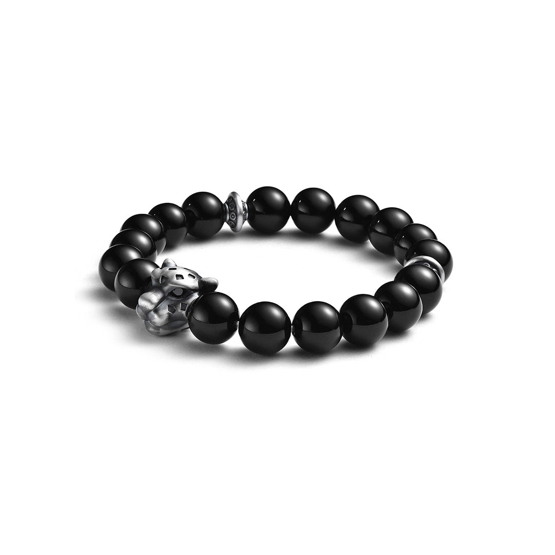 Tibetan Leopard Panther Obsidian Silver Men's Bracelet