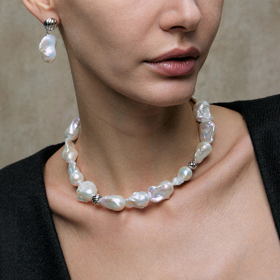 Baroque Pearl Chunky Statement Beaded18K White Gold Plated Silver Choker