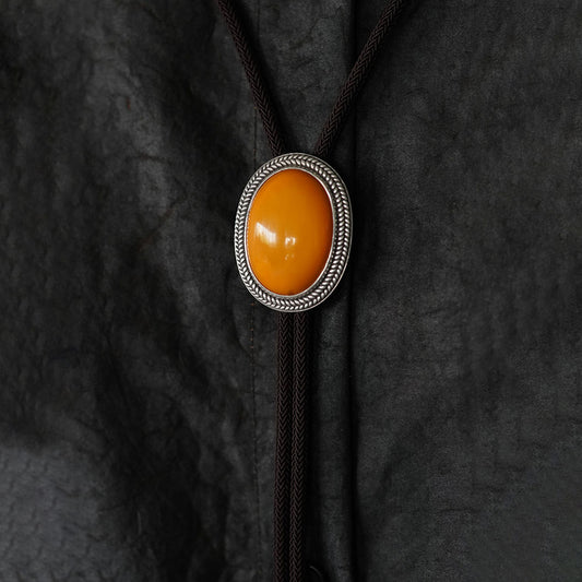 Silver Inlay Top-Grade Amber Cabochon Bolo Tie