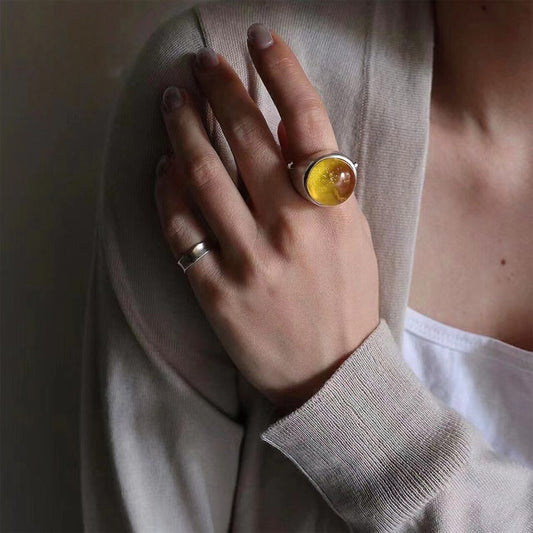 Wealth Sync Round Amber Pillar Ring