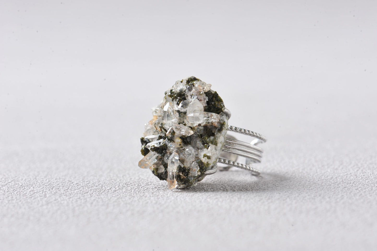 High-Vibration Epidote Quartz Cluster Ring