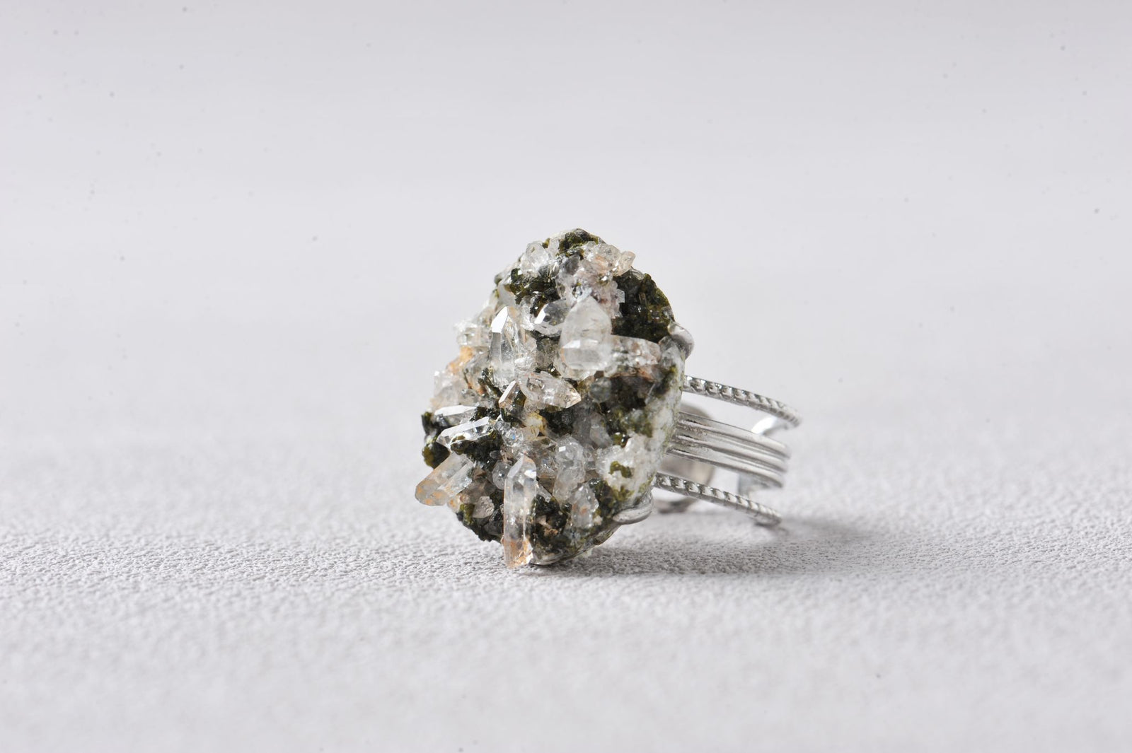 High-Vibration Epidote Quartz Cluster Ring