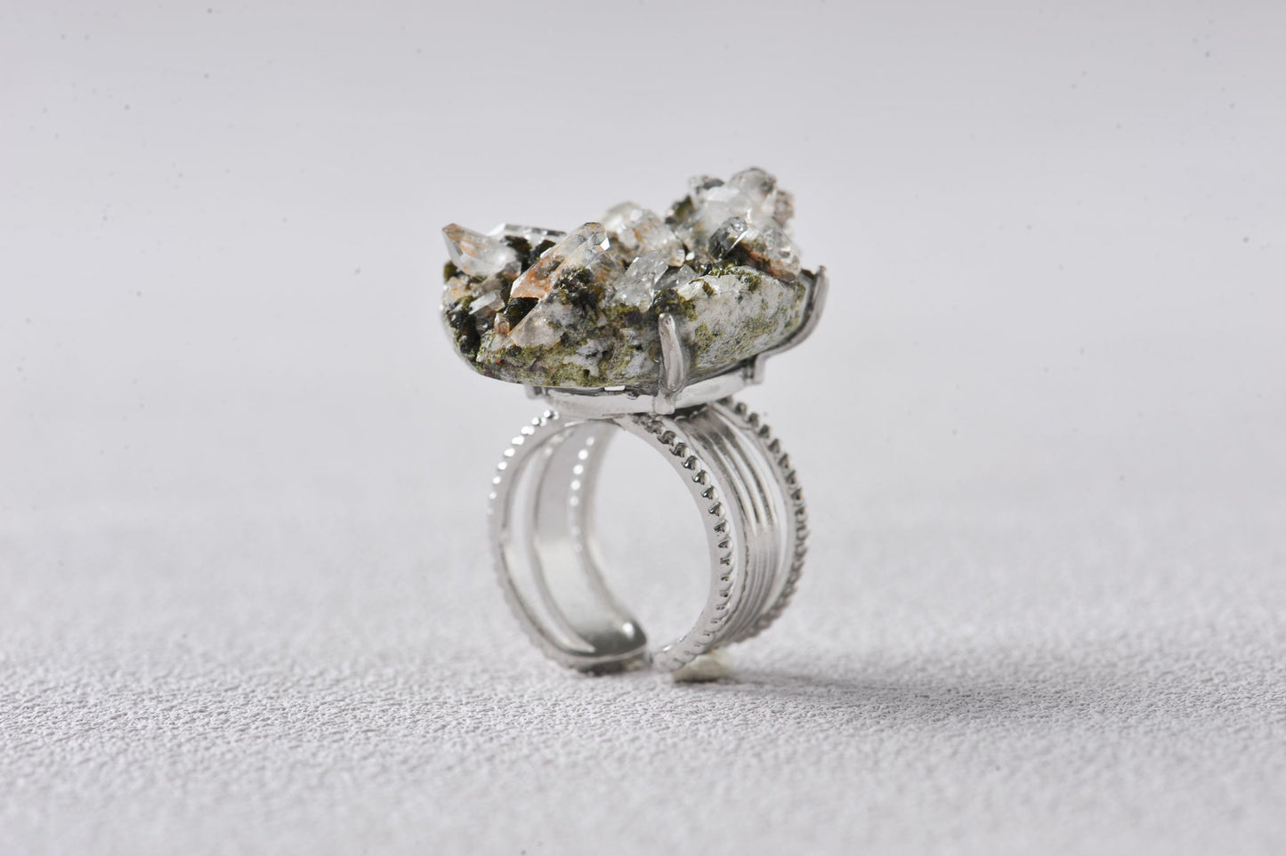 High-Vibration Epidote Quartz Cluster Ring