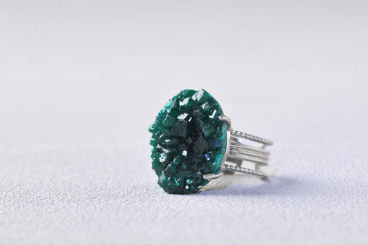 Emerald-Glow Raw Dioptase Cluster Ring