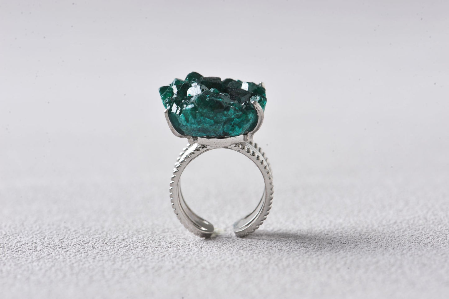Emerald-Glow Raw Dioptase Cluster Ring