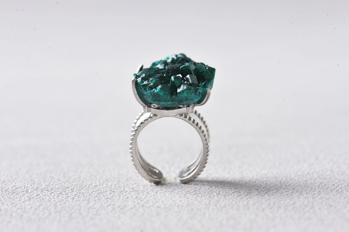 Emerald-Glow Raw Dioptase Cluster Ring