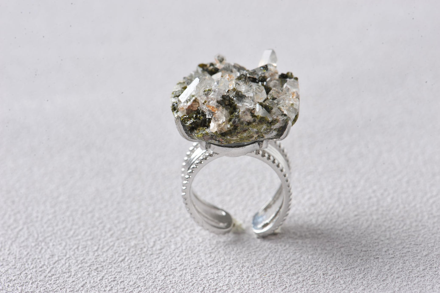 High-Vibration Epidote Quartz Cluster Ring