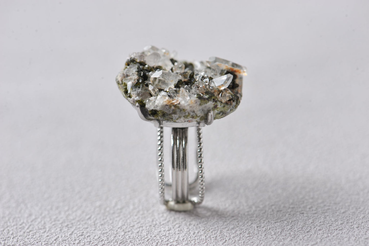 High-Vibration Epidote Quartz Cluster Ring