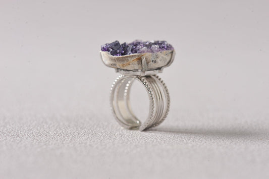 Aura Shield Purple Fluorite Cube Mineral Ring