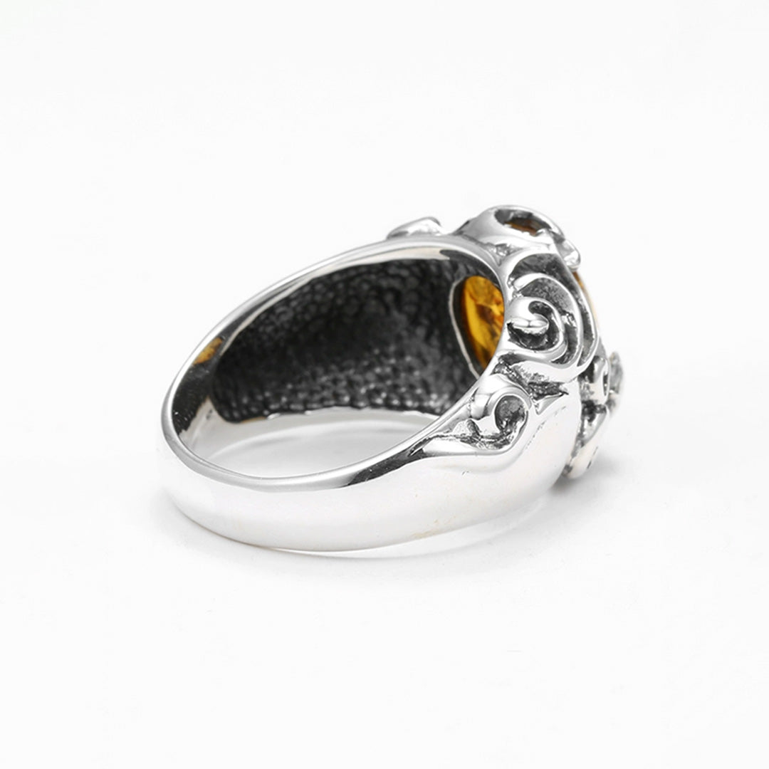 Floral Carved Amber  925 Sterling Silver Ring