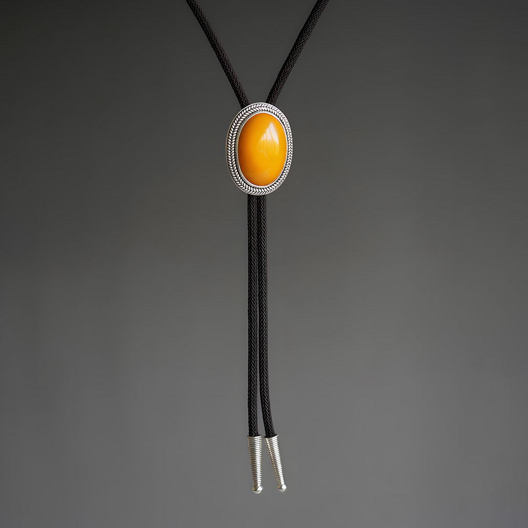 Silver Inlay Top-Grade Amber Cabochon Bolo Tie