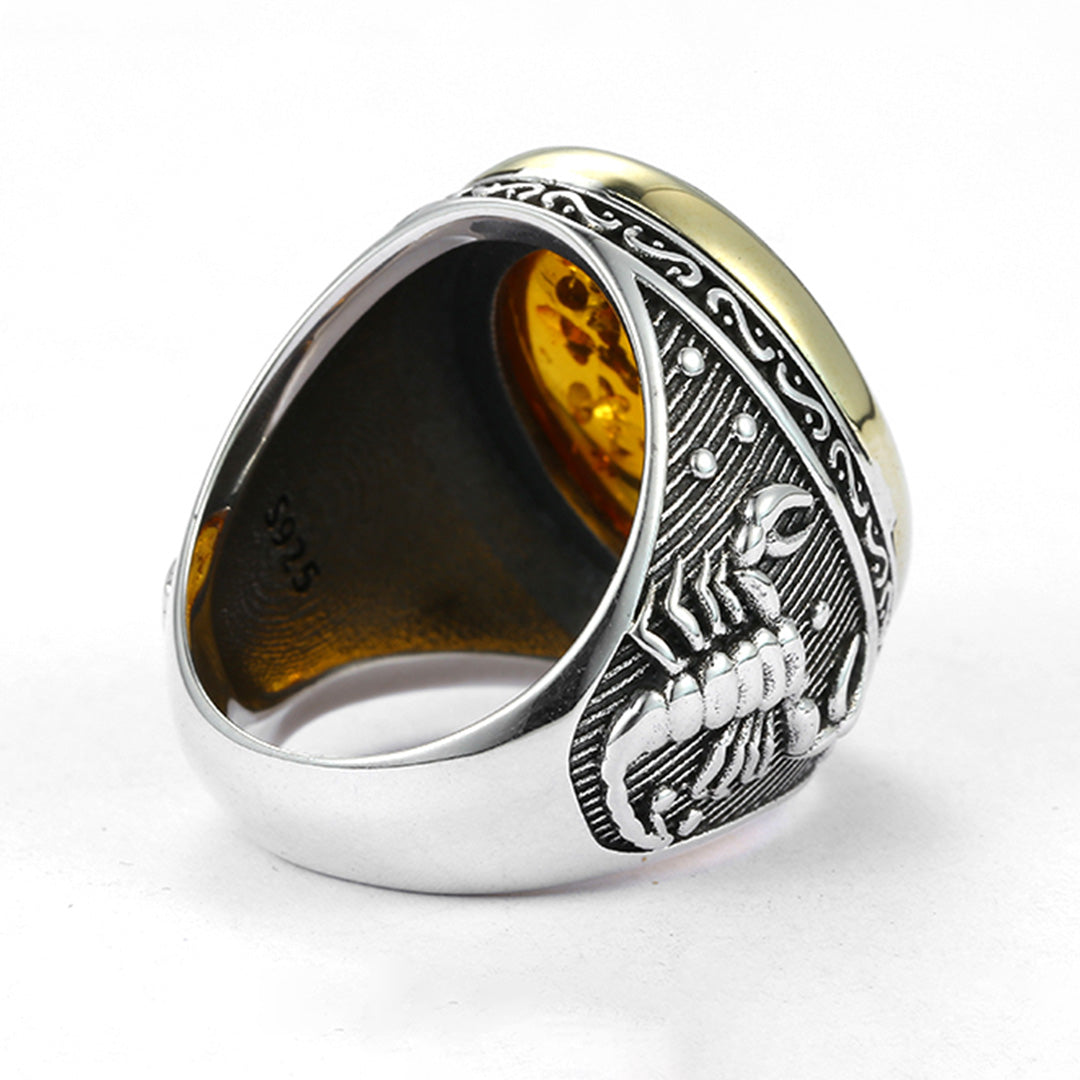Scorpion Carved Amber Silver Men's Statement Ring
