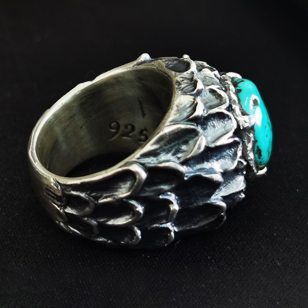 Sacred Guardian - Raw Turquoise Silver Dragon Scale Ring