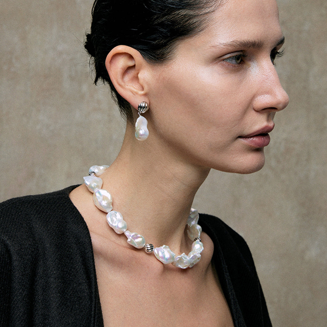 Baroque Pearl Chunky Statement Beaded18K White Gold Plated Silver Choker
