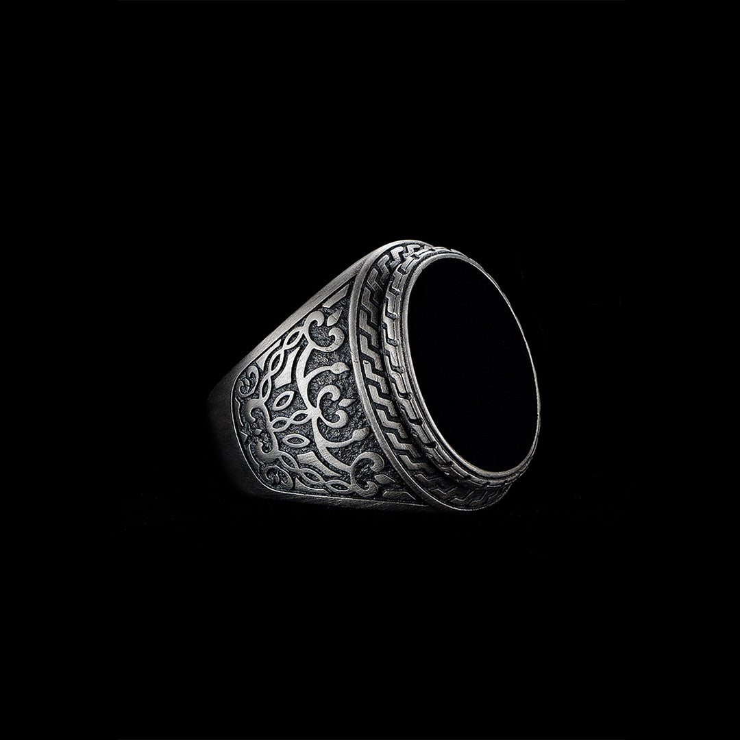 Natural Black Agate Silver Bold Ring for Men