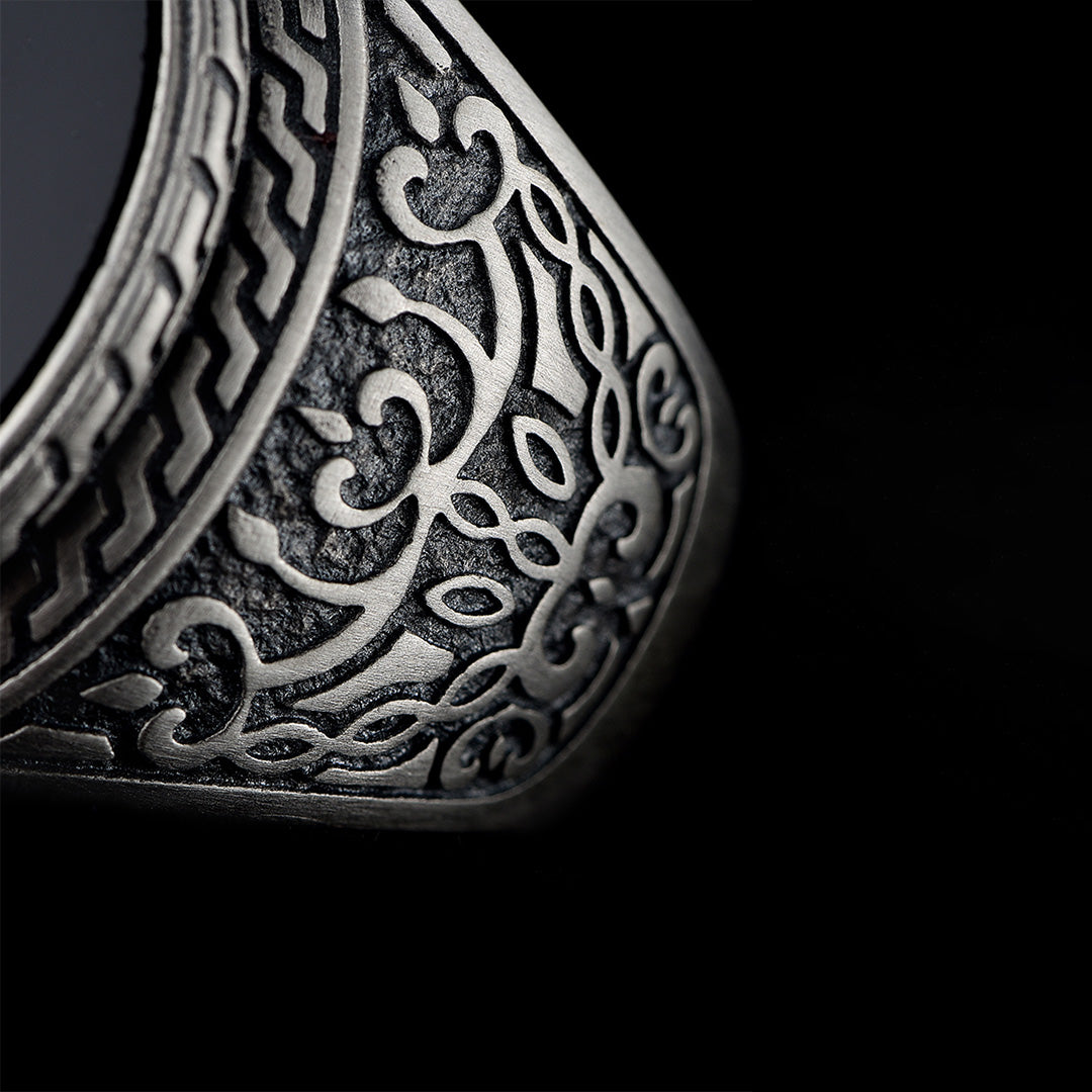 Natural Black Agate Silver Bold Ring for Men
