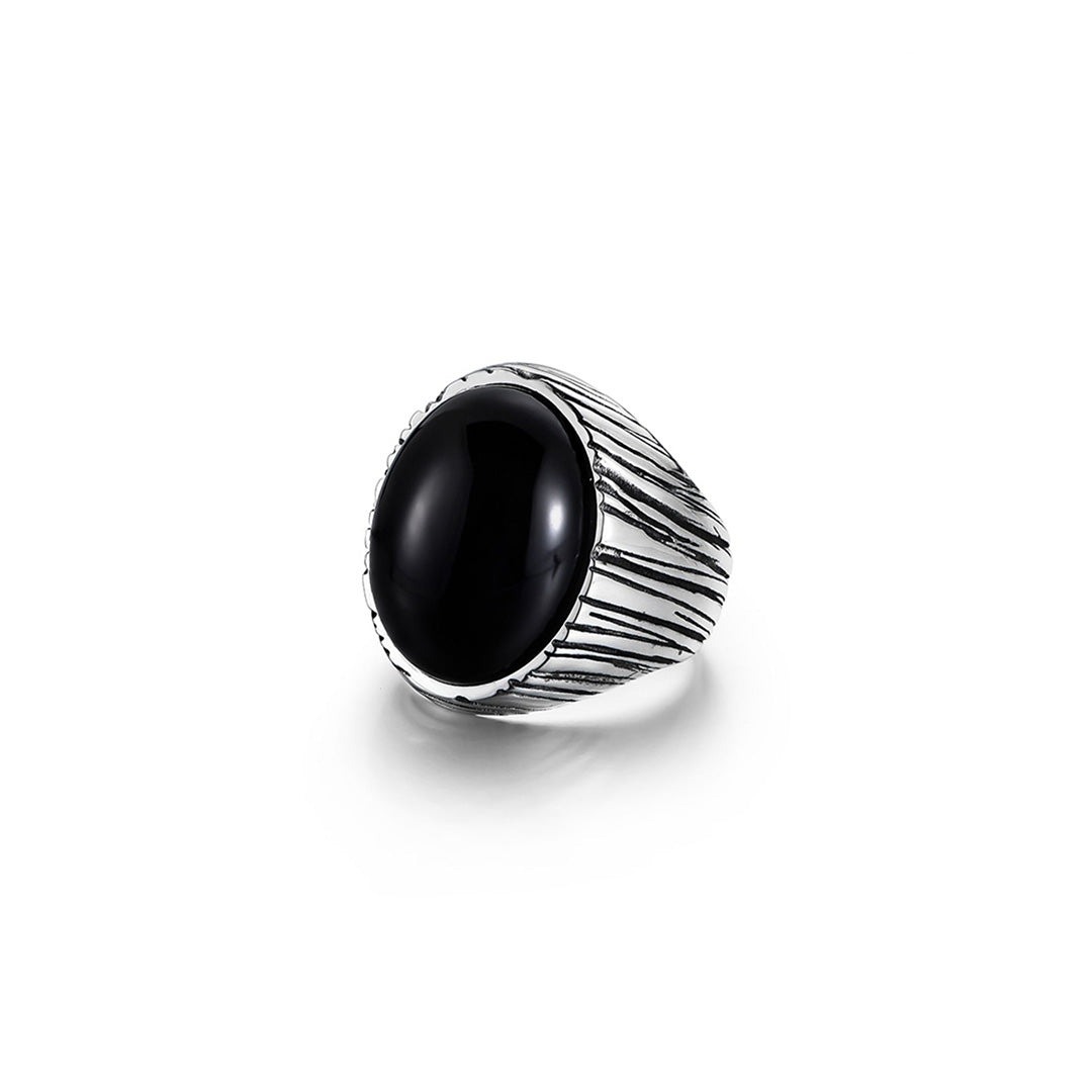 Handcrafted Silver Black Agate Wood Grain Ring