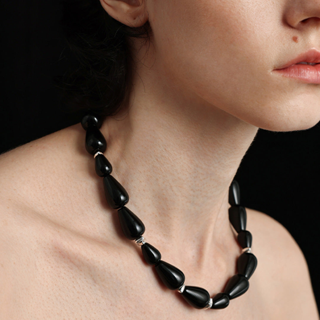 Minimalist Gradient Black Onyx  Bead Choker Jewelry Set
