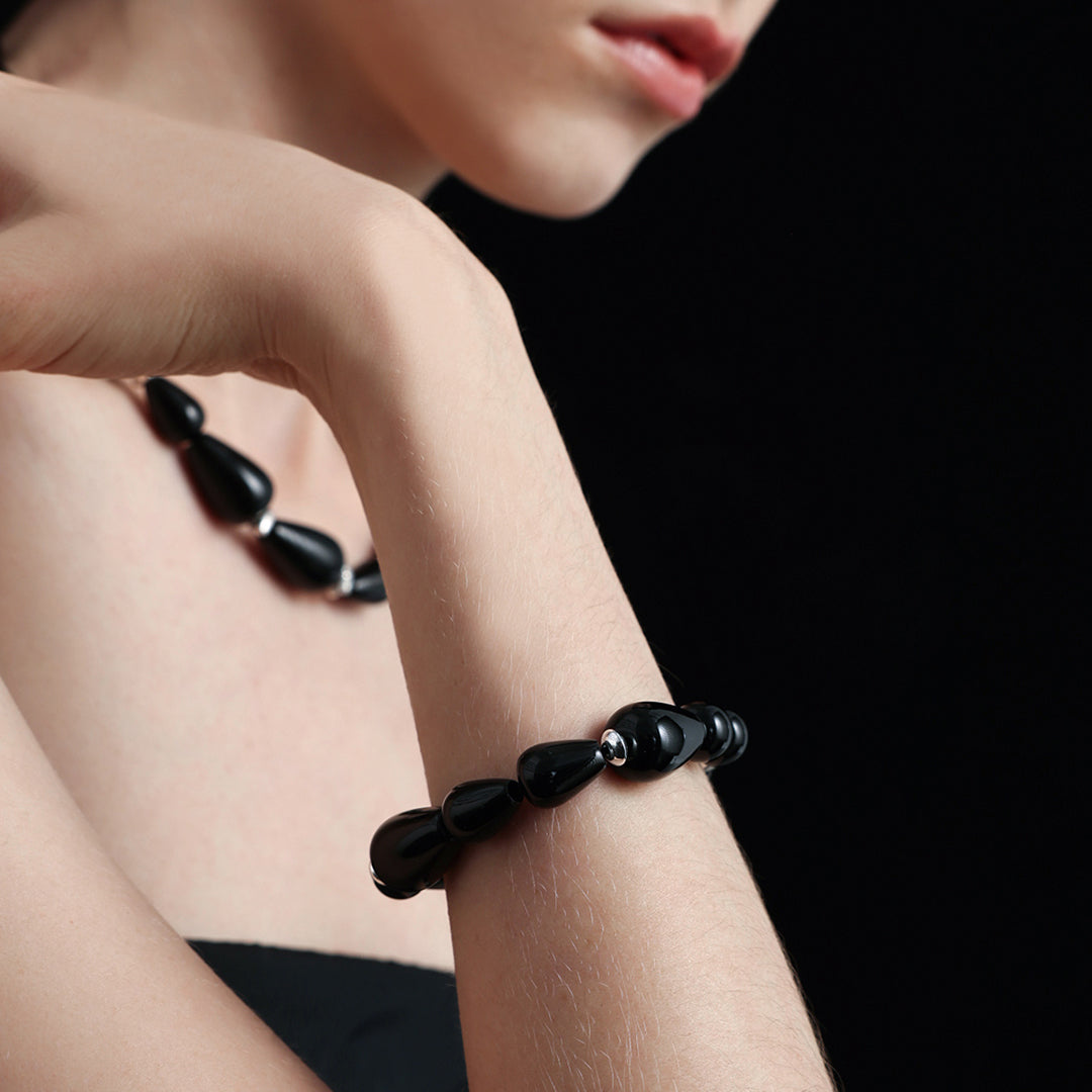 Minimalist Gradient Black Onyx  Bead Choker Jewelry Set