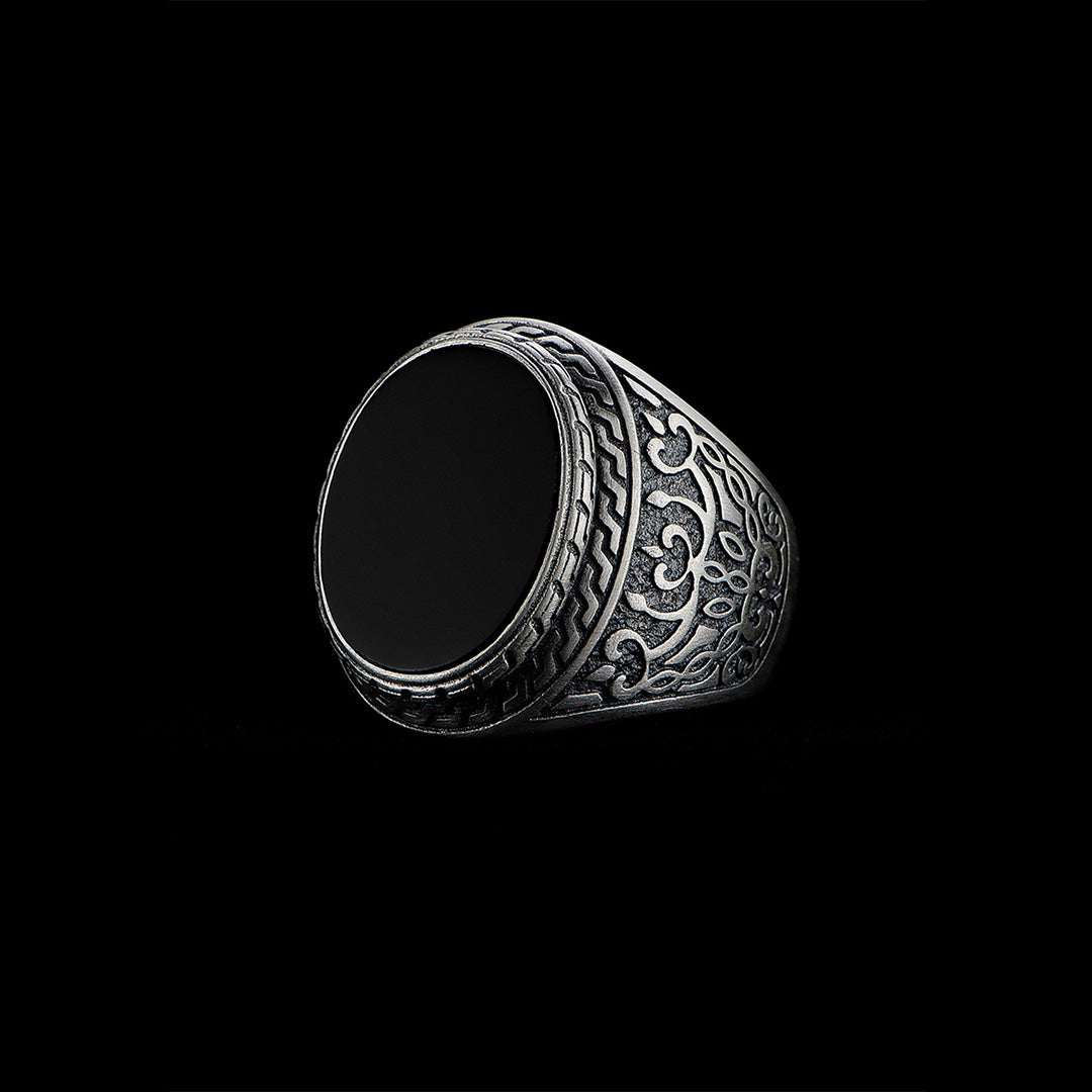 Natural Black Agate Silver Bold Ring for Men