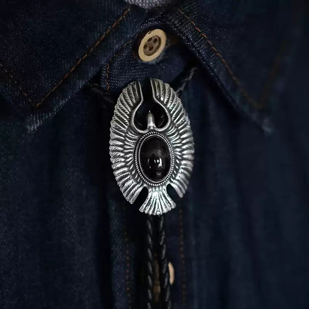 Eagle Soars- Black Diopside  Silver Bolo Tie