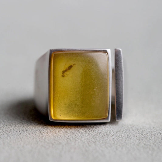 Immortal Treasure  Fossil Amber Chunky Square Ring
