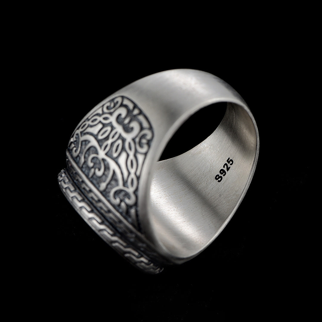 Natural Black Agate Silver Bold Ring for Men