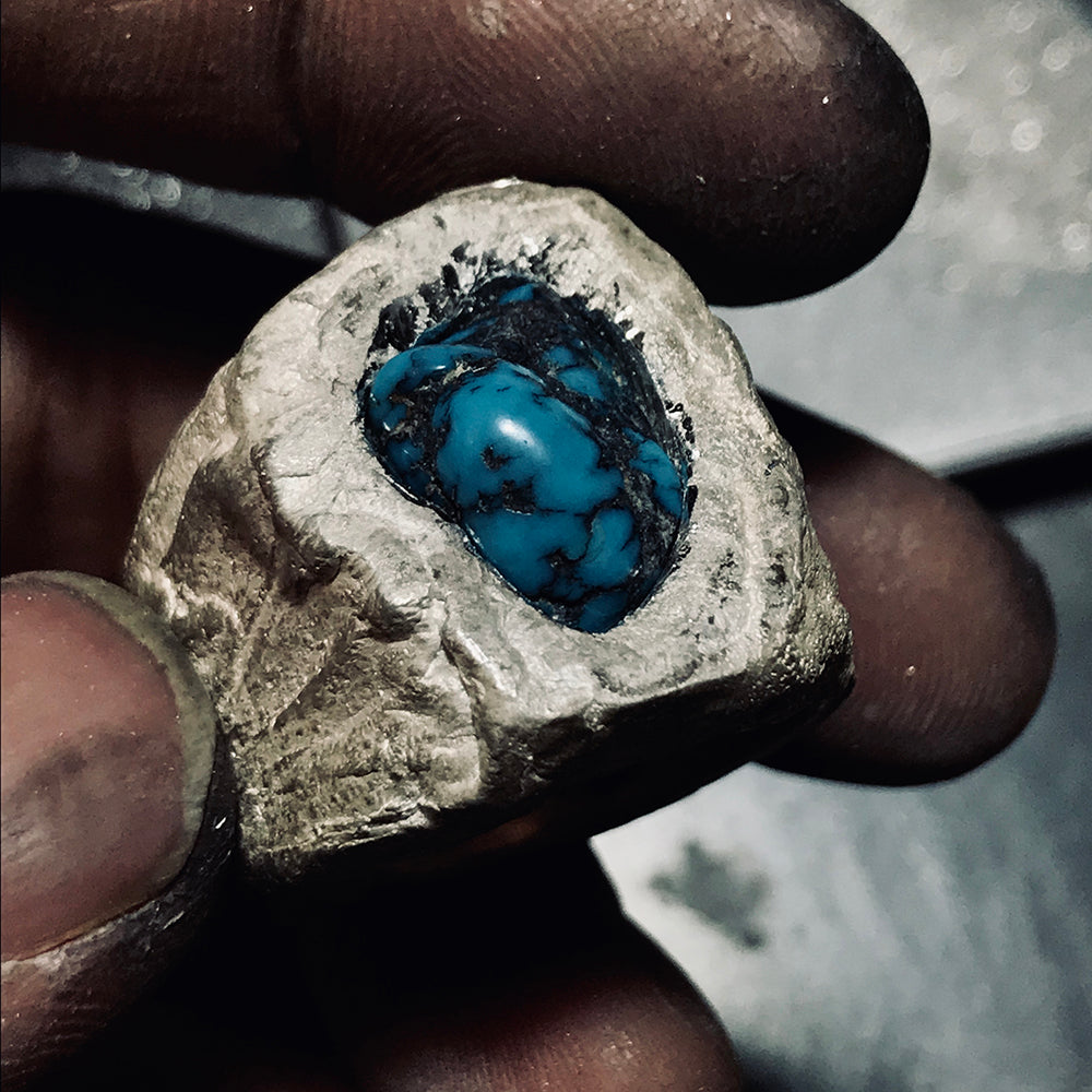 Savage Heart Raw Turquoise Sterling Hand-Engraved Name Silver Ring